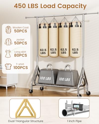 Image of Heavy Duty Clothing Rack, Metal Clothes Rack Load 450 LBS, Rolling Clothes Racks for Hanging Clothes with Lockable Wheels, Wardrobe Closet Garment Racks for Bedroom, Silver