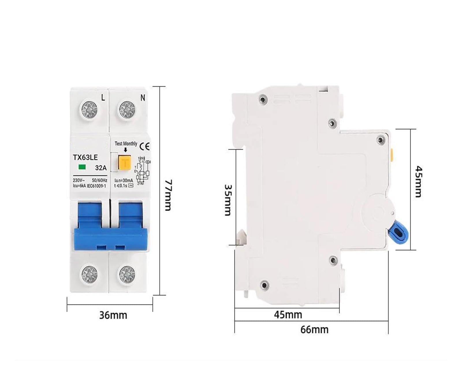 Interruttore differenziale 230V 2P MCB 30mA Protezione da sovraccarico, cortocircuito, dispersione di corrente Protezione RCBO RCCB RCD 16A 32A 63A(50A)