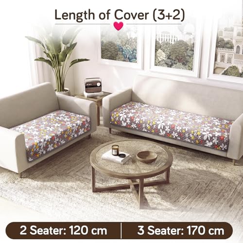 Image of HOKIPO 'Homehues Series' Printed Quilted 5 Seater Sofa Cover Set - Washable 3+2 Sofa Cover Mat | Pastel Brown Sandwort Flower (IN-807 + IN-809 - D1)