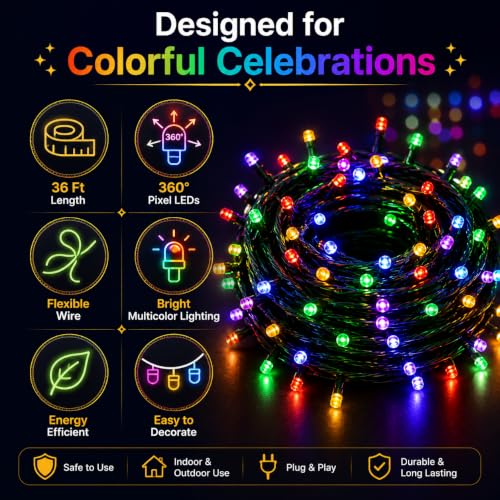 Image of Quace 36 Ft Multicolor LED Pixel String Lights | 360 Flexible Wire Decorative Serial Fairy Lights for Diwali, Christmas, Wedding, Party, Indoor & Outdoor Home Decoration | (Pack of 2)