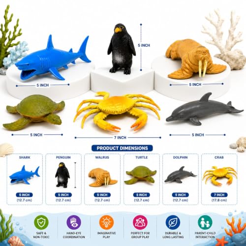 Image of 6-Pcs Aquatic & Sea Animal Toy Set for Kids 2+ Years | Penguin, Shark, Crab & More | Educational Ocean Life Action Figures | Birthday Gift for Boys & Girls