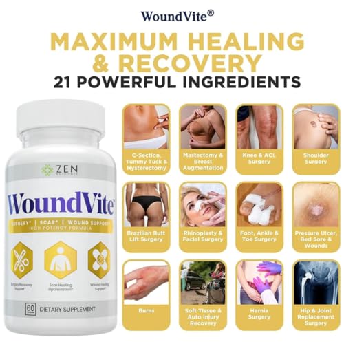 Image of Zen Nutrients WoundVite Pre & Post Surgery Support, Scar & Wound Care, Scar Treatment, Plastic & General Surgery, Heal Faster & Aids in Recovery Time w /Bromelain, Turmeric & Arnica - 60 Vegan Caps