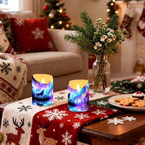 Velas sin llama Aurora Borealis Wolf de diseño nórdico con luces LED parpadeantes 6