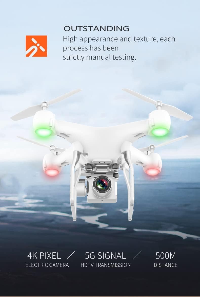 HDRC-H12 Drone with icons illustrating features like 4K Pixel camera, Barometric Height, One Key Return, Speed Control, Trajectory Flight, App Manipulation, Super Long Endurance, Real Time Graph Transmission, Electric Camera, One-Click Take-off/Landing, Headless Mode, and One Key Roll.