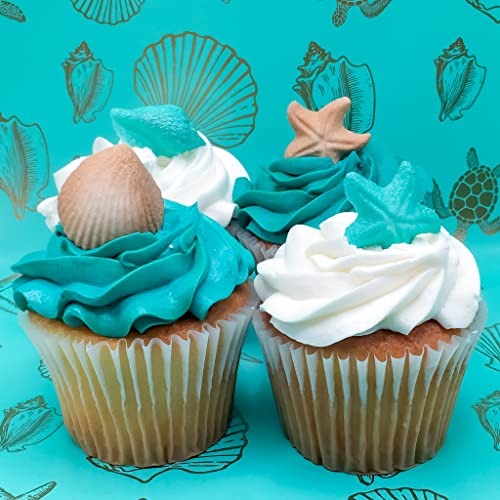 12Pk Seashell Sand Water Beach Sea Creatures Star Fish Ready To Use Cake Cupcake Sugar Decoration Toppers (Teal & Sand) #TOP1