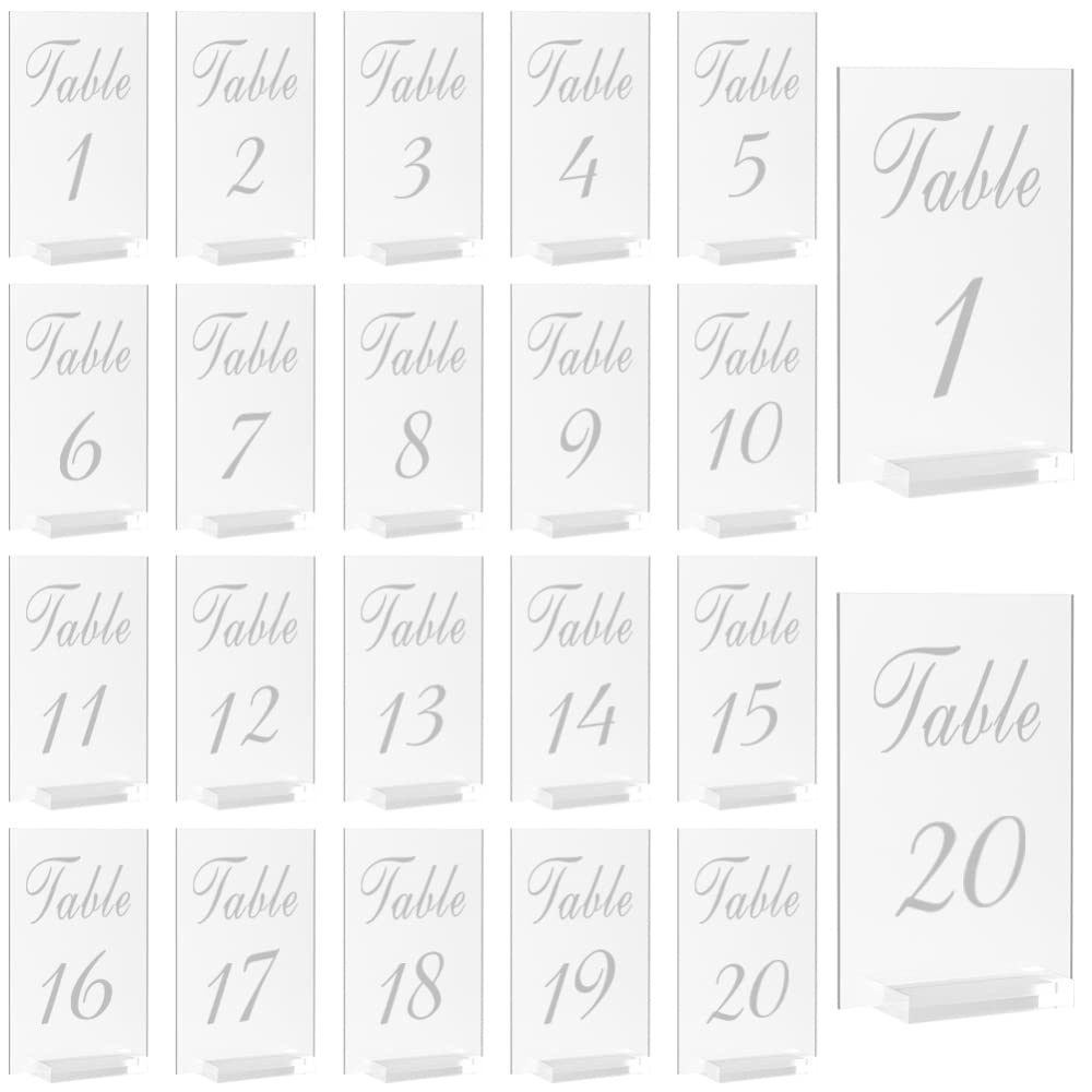 Lot de 20 supports de numéro de table de mariage en acrylique transparent de 10,2 x 15,2 cm avec base pour réception de mariage, fête de mariage, dîners, fête, anniversaire, événement
