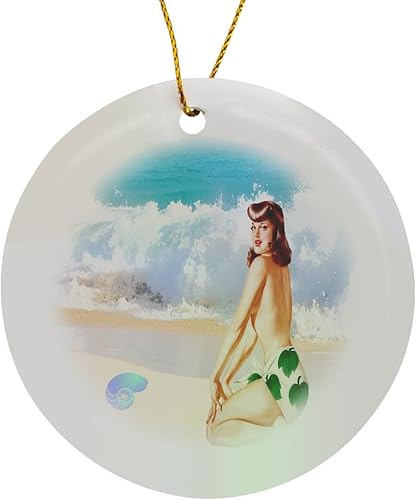 Miniatura 8 de 3 inch Snowflake Porcelain Ornament - Image of Ocean Waves Beach and Shell with Back of Topless Pinup Lens Art by Florene - Retro Pinups