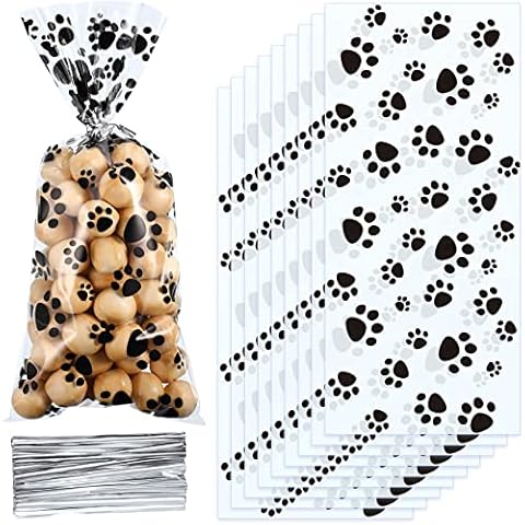 Blulu 100 Pieces Pet Paw Print Cone Cellophane Bags Heat Sealable Candy Bags Dog Paw Gift Bags Cat Treat Bags with 100 Pieces Silver Twist Ties for Pet Treat Party Favor Cover