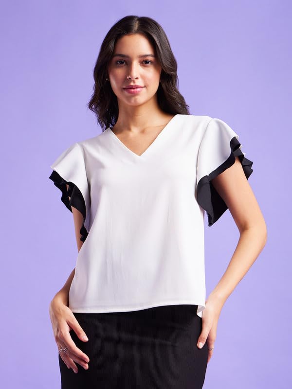 Image of FableStreet Colour Block Bell Sleeves Top - White and Black