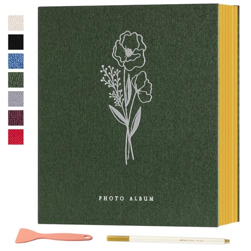 Lanpn Self Adhesive Photo Album Scrapbook 40 Pages, Linen Photos Albums DIY Sticky Magnetic Pages holds 6x4 7x5 A5 Picture for Family Wedding Birthday (Small-20 Sheets/40 Pages, Green)