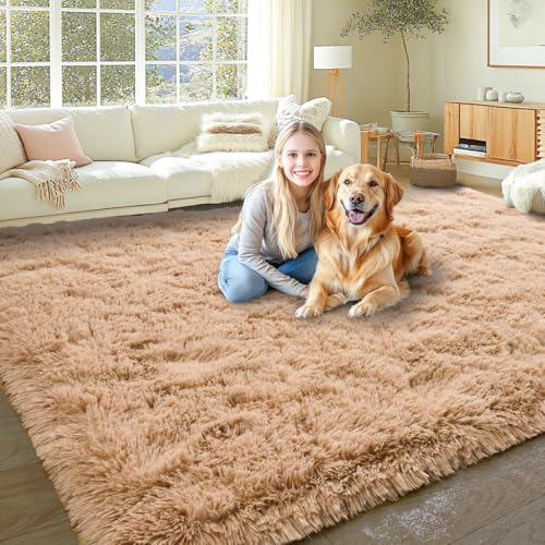 KING DARE 9x12 Area Rug for Living Room Plush Carpet, Soft Fluffy Shaggy Fuzzy Furry Large Beige Rug, Anti-Slip Washable Modern Floor Rug for Bedroom Home Aesthetic Decor