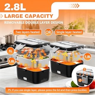 Electric Lunch Box for Adults, 2.8L Double Layer 100W Fast Heated Lunch Box, Heating Food Heater Warmer for Home Office Car Truck Use, Extra Large Lonchera Electrica Portátil 12/24V/110-230V, Black