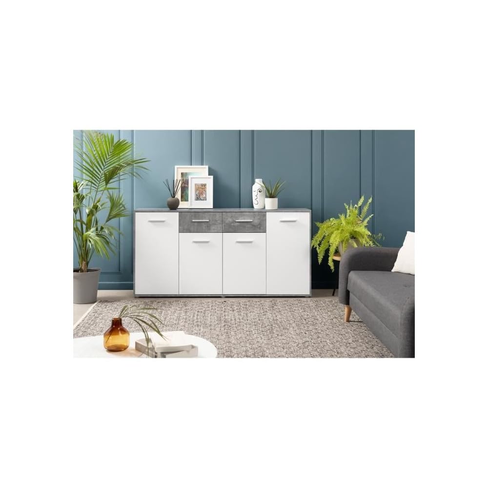 Forte ANTUZA Moderne Kommode 160 170, weißes Sideboard mit 4 Türen und 2 Schubladen, Holzwerkstoff, Betonoptik hellgrau/Weiß, 162,3 cm breit x 88,1 cm hoch x 34,2 cm tief