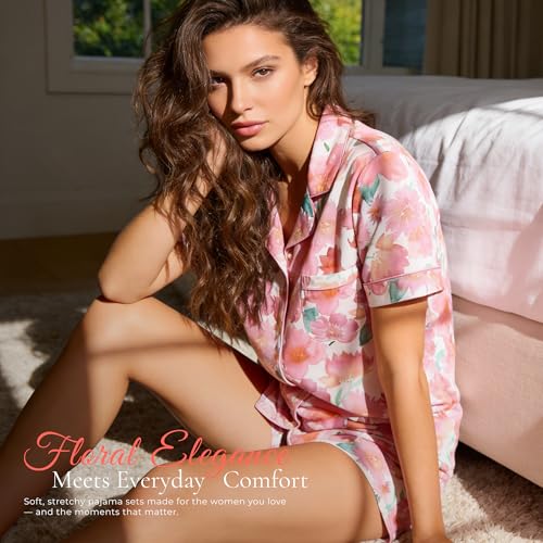 Image of LYCY Womens Pajamas Set Floral Print, Soft Pajamas for Women Shorts Set, Summer Button Down 2 piece Women Pjs