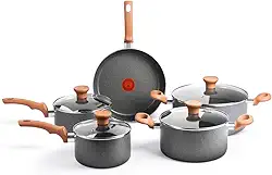 Jogo de Panelas Rochedo Natural Stone 5 peças, Cinza com Efeito Pedra, Antiaderente Minerium, Thermo-Sinal, Alta Espessura de 2mm e Cozimento Homogêneo