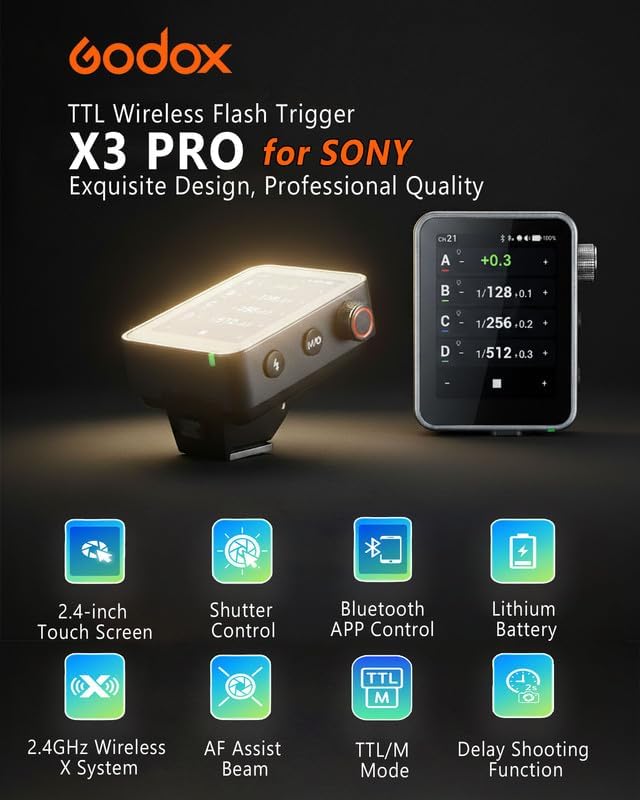 GODOX X3 PRO S X3PRO TTL Wireless Flash Trigger for Sony with Bluetooth Integration & APP Control Touch Screen 2.4GHz Wireless X System Pro Shooting Modes Shutter Control Fast Charging