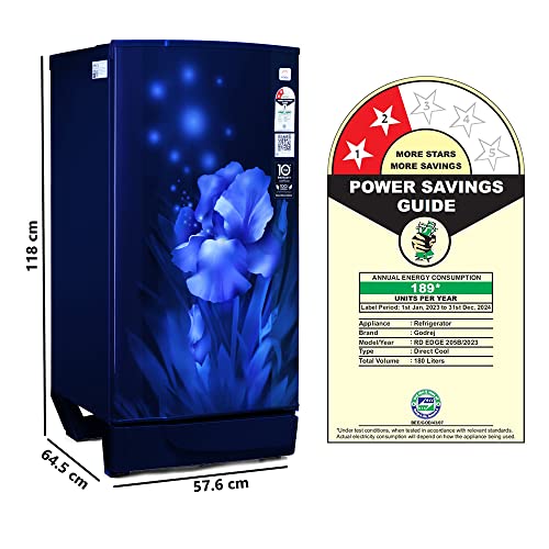 Image of Godrej 180 L 2 Star Direct Cool, Jumbo Vegetable Tray, Single Door Refrigerator (RD EDGE 205B WRF AQ BL, Aqua Blue)