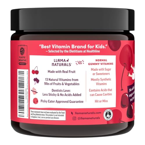 Image of Llama Naturals Kids Multivitamin Gummies | Real Fruit, No Added Sugar Cane | Organic Vegan Toddler Whole Food Vitamins | Vitamin D, C & Beta Carotene Gummy Supplement | Cherry 180 Ct (2-3 Months)