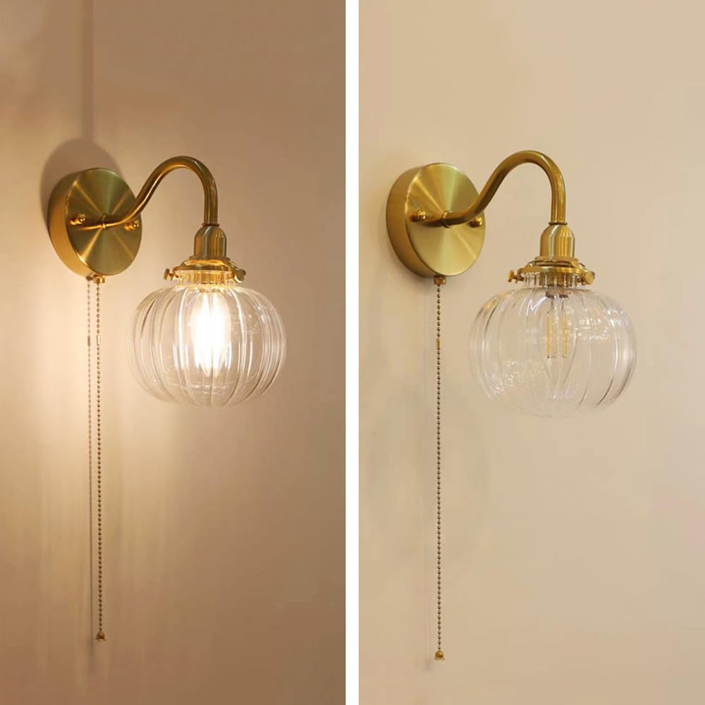 Applique Murale en Verre Style Citrouille Nordique, Finition Laiton Antique Moderne, avec Interrupteur à Tirette, luminaire décoratif d'intérieur rétro doré, culot E14, glob