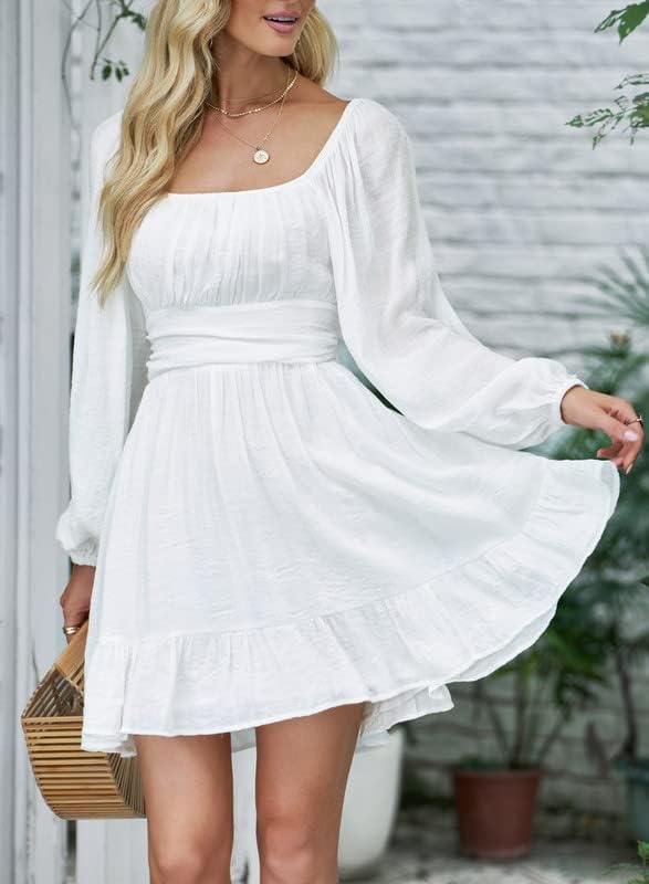 Image of Dokotoo Womens Dress Long Lantern Sleeve Square Neck Tie Backless Sexy Dress Ruffle Elastic Waist A-Line Mini Dress
