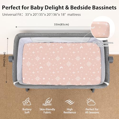 Image of Baby Bedside Bassinet Sheets Fitted, 33 inchx20 inch Compatible with Baby Delight Dream On Me & Most Rectangle Bedside Sleeper Bassinet Mattresses, Super Soft Microfiber Pink Stars