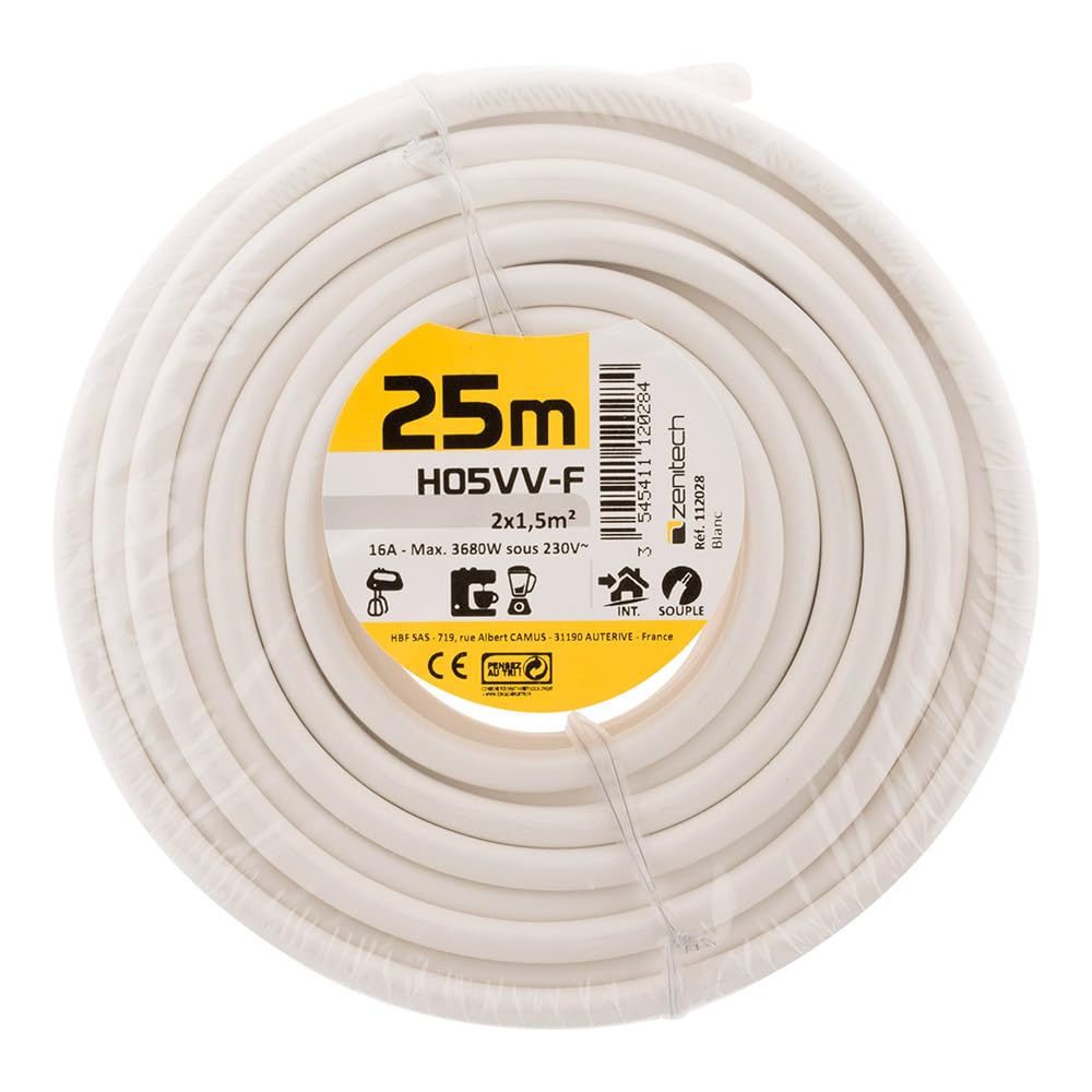 Zenitech - Câble d'Alimentation Électrique H05VV-F 2 x 1,5mm² - Câble Souple pour Usage Domestique, en Intérieur - Idéal Raccordement Appareils Électroménagers - Conforme à la Norme CE - Blanc - 25m