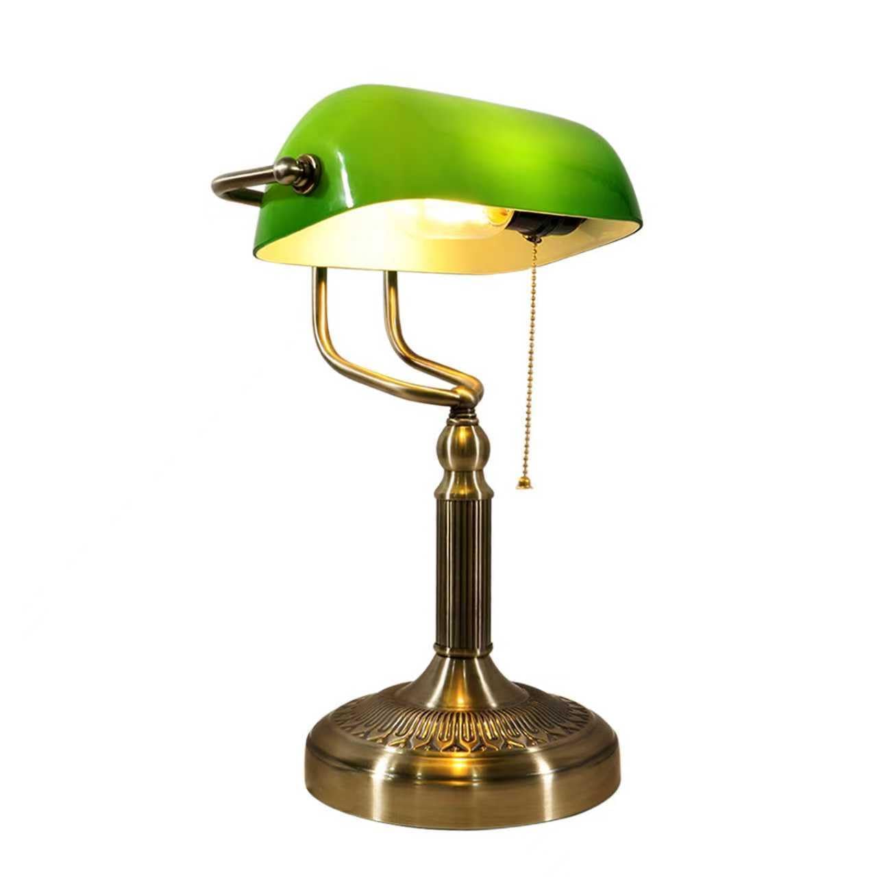 Grüne Banker-Tischlampe aus Glas – Klassische Retro-Tischlampe mit Stecker und Bronzesockel, Zugkettenschalter, geeignet für Büro, Bibliothek, Arbeitszimmer, Homeoffice, Schlafzimmer