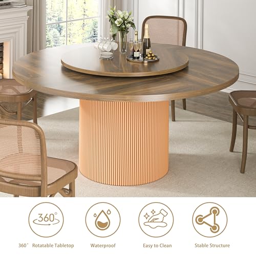 Image of 55 inch Round Dining Table for 4-6 People, Modern Farmhouse Dining Kitchen Table with Fluted Cylindrical Pedestal Base for Dining Room, Living Room, Kitchen, 360 Rotating(Chairs Not Included)
