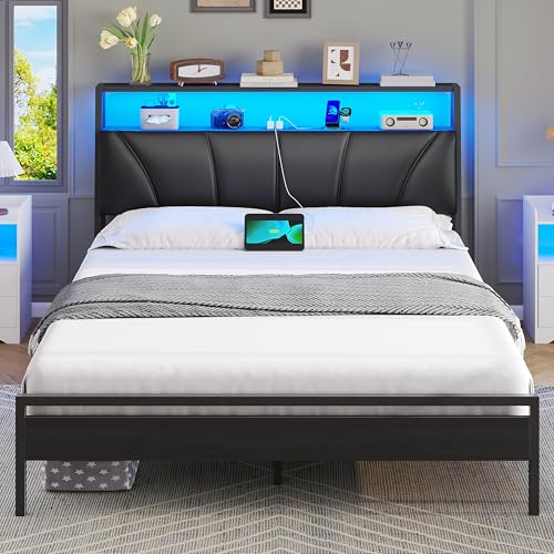 Brinlawb Cadre de Lit 120x200 avec Sommier en Métal, Éclairage LED et Multiprise (2 Prises AC, 1 Port USB-A et 1 Port USB-C) Lit 120x200 cm avec Tête de Lit...