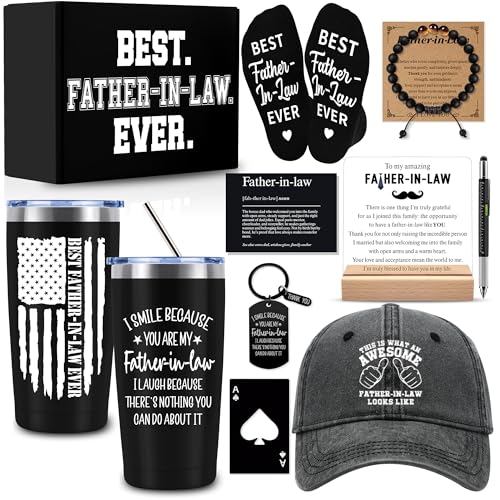 10 Pcs Father In Law Gifts from Son In Law Daughter In Law with 20 Oz Tumbler Acrylic Plaque Baseball Cap Socks Bracelet Pen Birthday Christmas Fathers Day Wedding Gifts for Future Father In Law