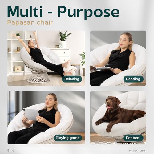 Image of Bme Ergonomic Wicker Papasan Chair with Soft Thick Density Fabric Cushion, High Capacity Steel Frame, 360 Degree Swivel for Living, Bedroom, Reading Room, Lounge, Arctic Snow - White Base