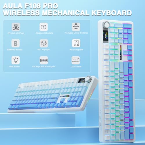 Image of Aula F108 PRO - Wireless Mechanical Keyboard with Screen&Knob,Hot Swappable Gaming Keyboard with 8000mAh Battery,Pre-lubed Switches,RGB Backlit,Creamy Sounding Computer Keyboards,104 Keys (Renewed)