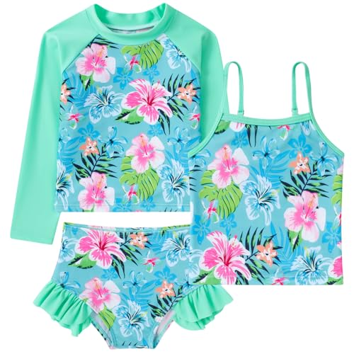 Image of Funnycokid Girls Swimsuit 3 Pieces Long Sleeve Rash Guard Set Tankini Bathing Suits Summer Kids Swimwear 3-10 Years