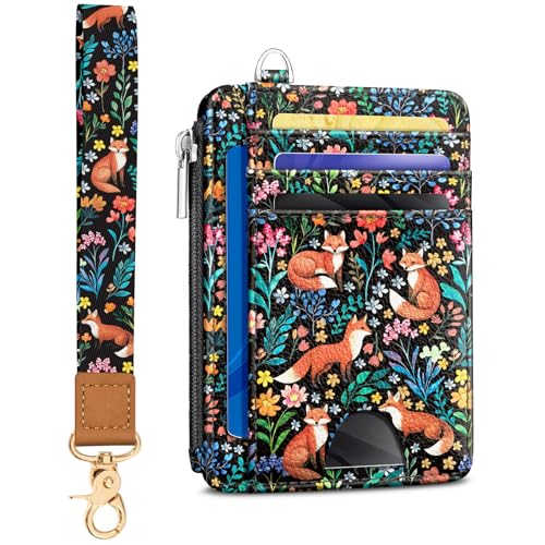 Image of Kelvoris Cute Fox Slim Wallet Women Credit Card Holder, Flower Small RFID | Keychain, Zipper Coin Pocket, Front Pocket Thin Travel Card Case, Minimalist, 6 Card Slots, 1 ID Window, Ladies Gifts Woman