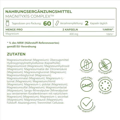 Magnesium Komplex MagNityX15 15 Magnesiumverbindungen inkl. Magnesium Bisglycinat Citrat & Malat 400 mg pro Tagesdosis 120 Kapseln Muskeln Knochen Nerven Vitality Nutritionals by Vitamin Express