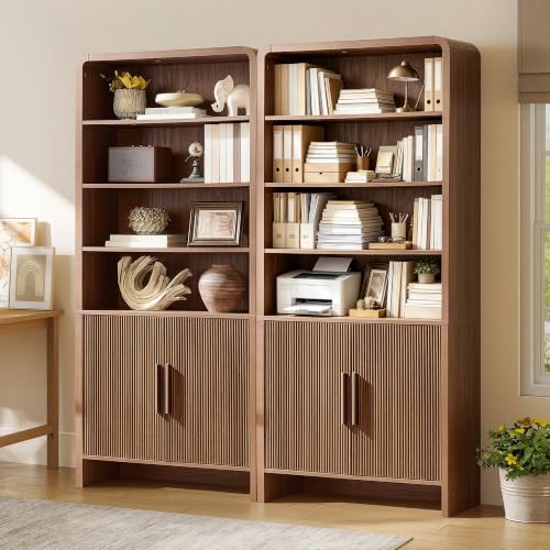Image of AMERLIFE 71 inch Modern Bookcase Set of 2 with Storage Cabinet, 6-Tier Bookshelf with 3 Adjustable Shelves & Fluted Doors, Wood Curved Display Cabinet for Living Room, Dining Room, Home Office, Brown