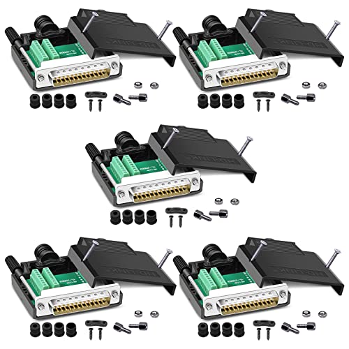 ANMBEST 5PCS DB25 Solderless Connector, RS232 D-SUB Serial to 25-pin Port 16mm Thinner Terminal Male Adapter Breakout Board with Case Long Bolts Nuts