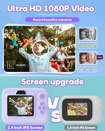 Image of Camera Instant Print, 1080P Kids Digital Camera with Printer Paper, Christmas Birthday Gift for Girls (Purple)