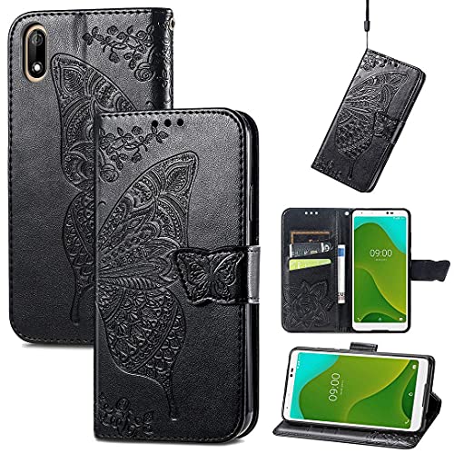 SATURCASE Hülle für Wiko Jerry 4 / Wiko Y70, Schmetterling Blume PU Lederhülle Magnetverschluss Brieftasche Standfunktion Handschlaufe Handy Tasche Schutzhülle für Wiko Jerry 4 / Wiko Y70 (HF-Schwarz)