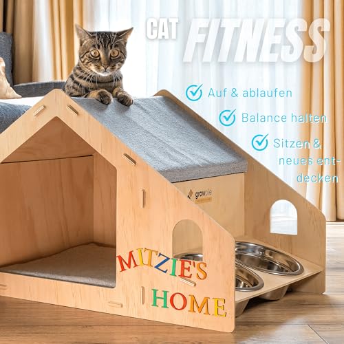 growpile Katzen- und Hundehäusschen aus hochwertigem Kiefernholz mit 2 Trinkschalen aus Edelstahl, zum selbst bemalen und bekleben mit Holzbuchstaben, incl. Acrylfarben