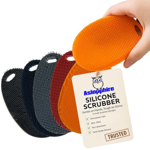 Image of Silicone Sponge Dish Scrubber - Food Grade and Housecleaning - BPA Free Silicone Kitchen Scrubber [5 Pack Ovals Winter]
