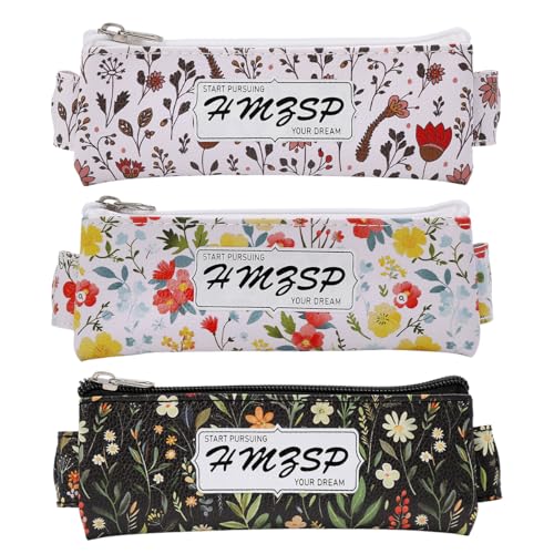 Image of Adjustable Elastic PU Pen Holder for Notebook, Stationery School Supplies Zipper Bag for Journals, Book,Planners,Black Flower,3 PCS