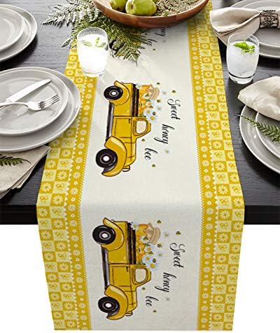 Big buy store Honey Bee Summer Farm Daisy Cotton Linen Table Runner Dresser Scarves, Yellow Truck Rectangle Table Setting Covers for Party Holiday Wedding Farmhouse Kitchen Dinner -14 x 72 inch
