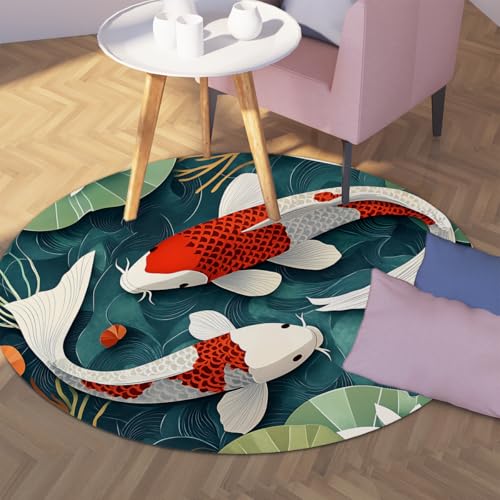 Tapis rond carpes koï rouge et blanc 150cm style chinois lavable