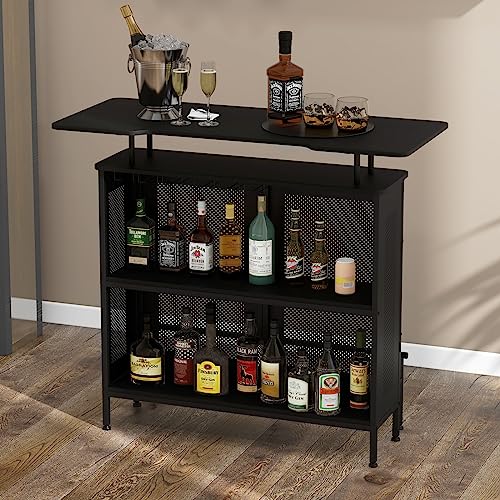 COSTWAY Bartisch Küche, Küchentheke mit Stauraum und Fußstütze, Theke Bar mit Metallrahmen, verstellbare Füße, 120 x 50 x 106,5 cm, schwarz, Rechteckig
