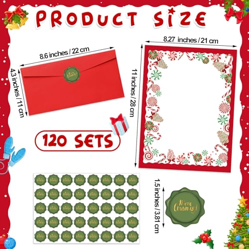 120 Pack Christmas Stationery Paper Holiday Peppermints Letterhead and Envelopes Candy Stationery Paper Red Christmas Envelopes for Xmas Holiday Events Notes Invitation Office Writing - Image 4