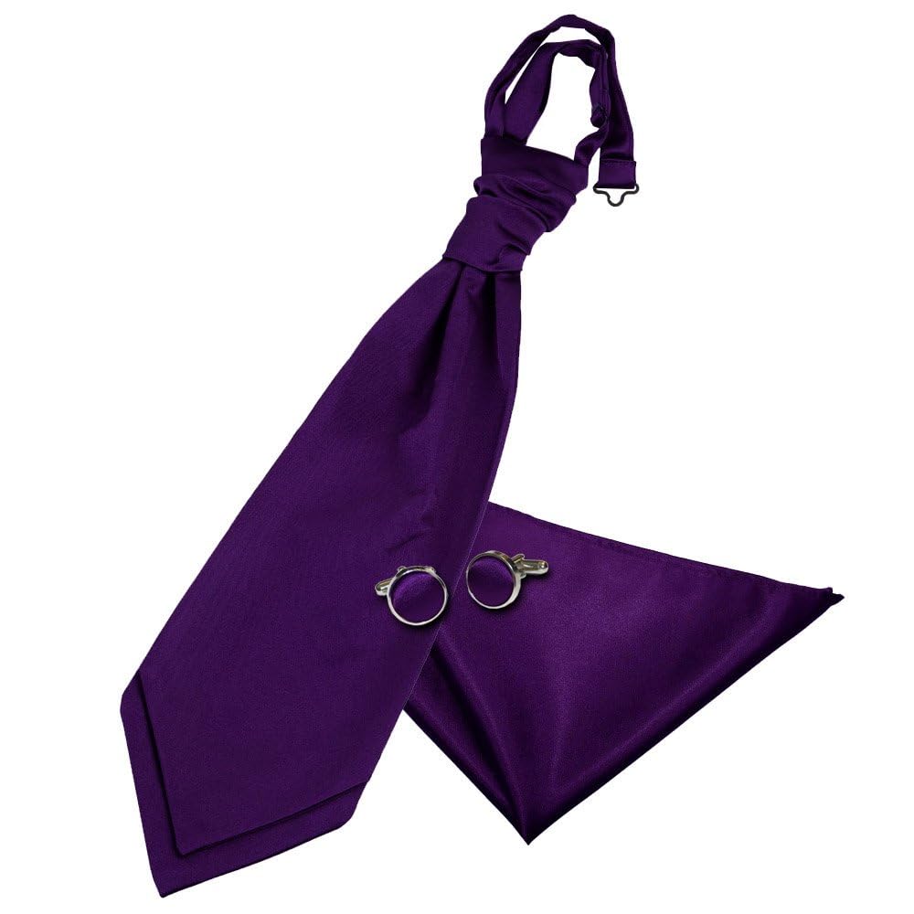 DQT Mens Plain Satin Cravat Ascot Tie & Pocket Square Set with Cufflinks – Wedding Business & Formal - Purple (Pre-Tied)