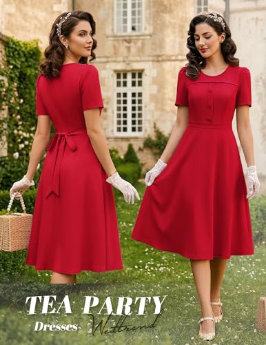 Image of Wedtrend 1950's Vintage Dresses for Women Modest Church Dress with Pockets Short Sleeve Tea Party A-Line Cocktail Dresses