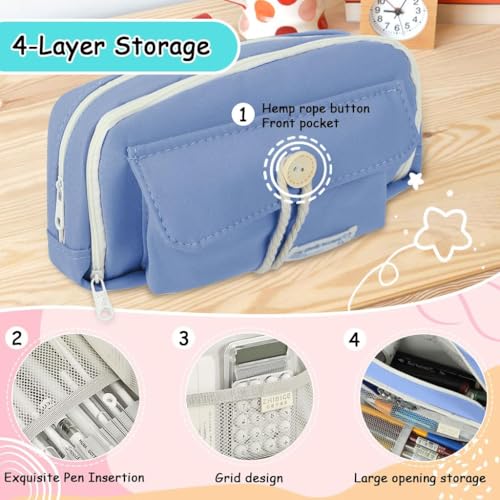 Image of Canvas School Bag Pencil Case, 3 Layer 6 Compartment Large Capacity, Aesthetic Pencil Pouch for Stationary, Cute Stationery for Kids, Pencil Case for Girls & Boys (Our Timer Blue)
