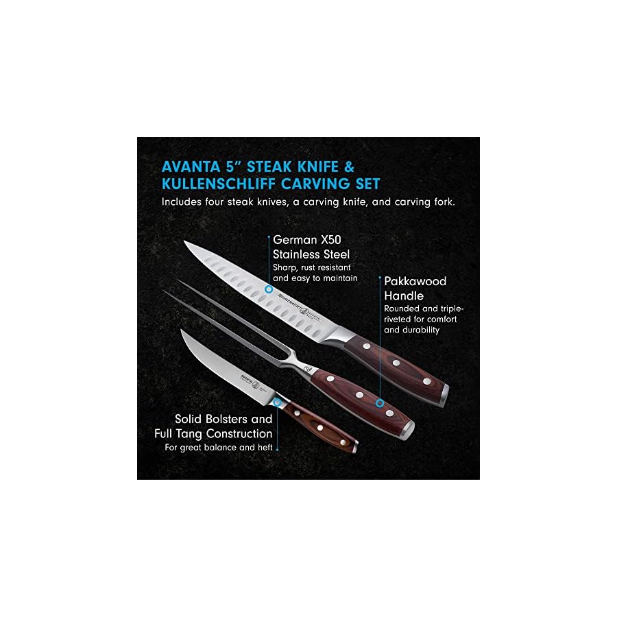 Messermeister Avanta Variety Set - Includes 4 Fine-Edge Steak Knives + Kullenschliff Carving Set with Knife & Fork - German X50 Stainless Steel - Rust Resistant & Easy to Maintain - 6 Pieces Total